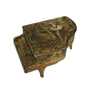 Ballerina Piano Mini Trinket Box Metal Gold-Tone Made in Japan Harpist VTG READ